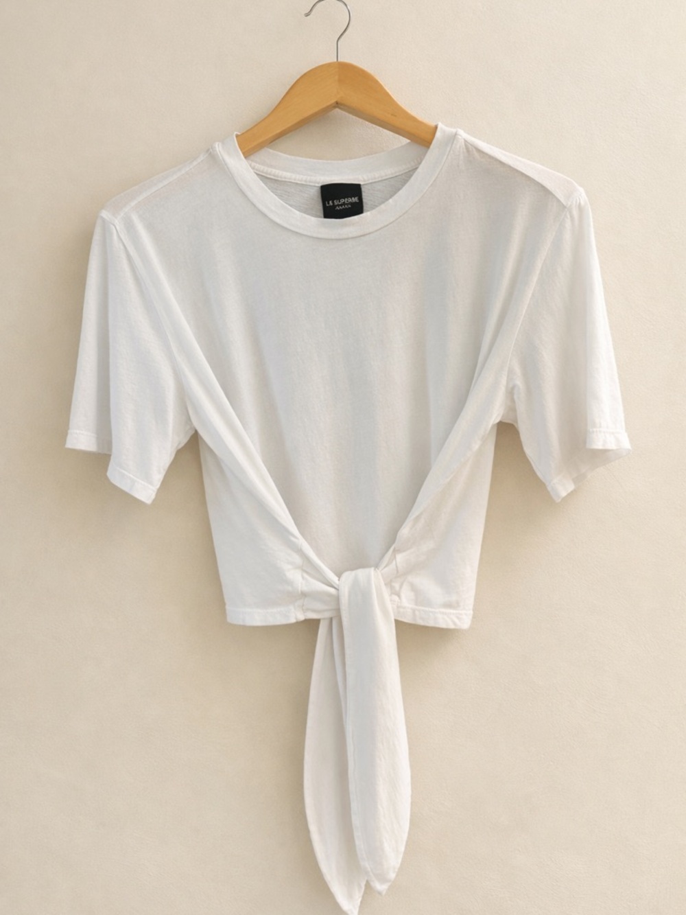 LE SUPERBE White Tie Front Tee Lightweight Jersey Cotton Top Size L Made USA